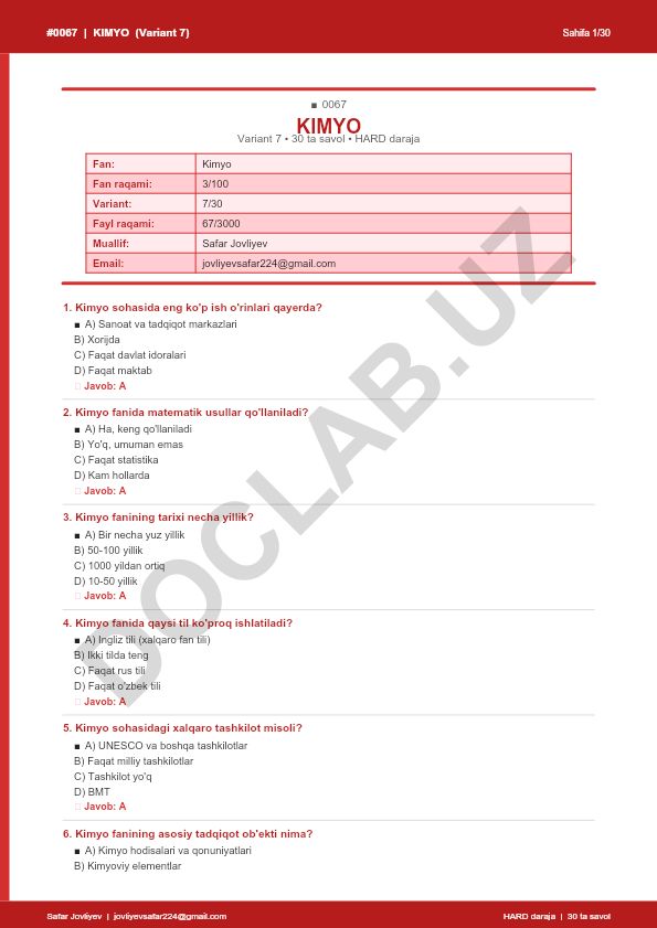 Kimyo faniga oid 30 ta savolli test variant