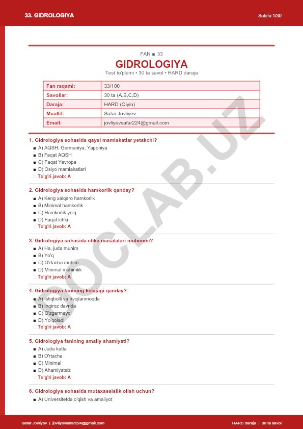 Gidrologiya fanidan test to'plami