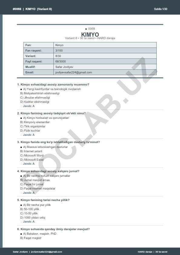 Kimyo fanidan 30 ta savol testi (Variant 8)
