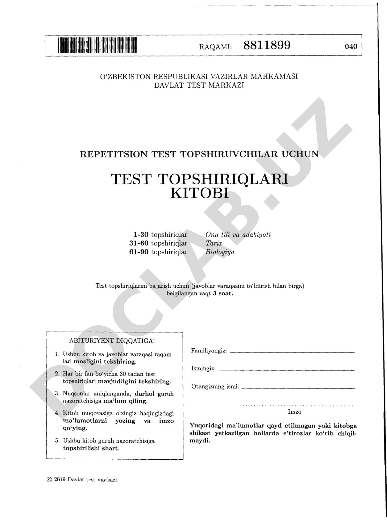 Repetitsion test topshiriqlari kitobi (Ona tili va adabiyoti, Tarix, Biologiya)