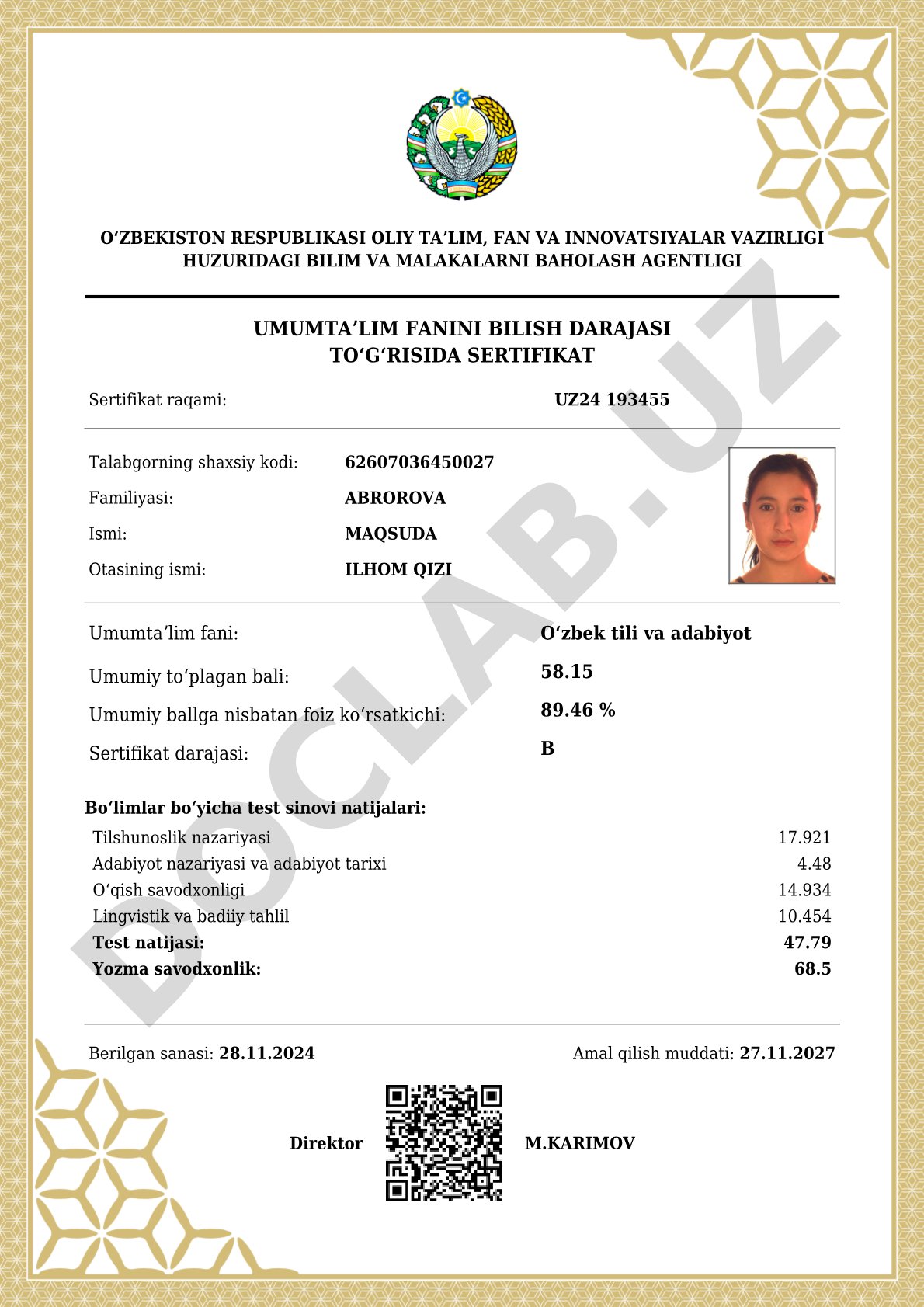 O‘zbek tili va adabiyot fanidan sertifikat