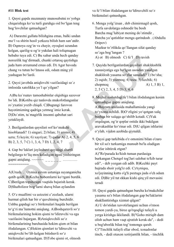 O'zbek tili test savollari va javoblari