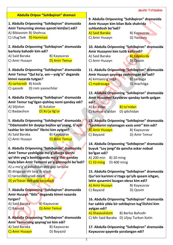Abdulla Oripovning “Sohibqiron” dramasiga oid test savollari