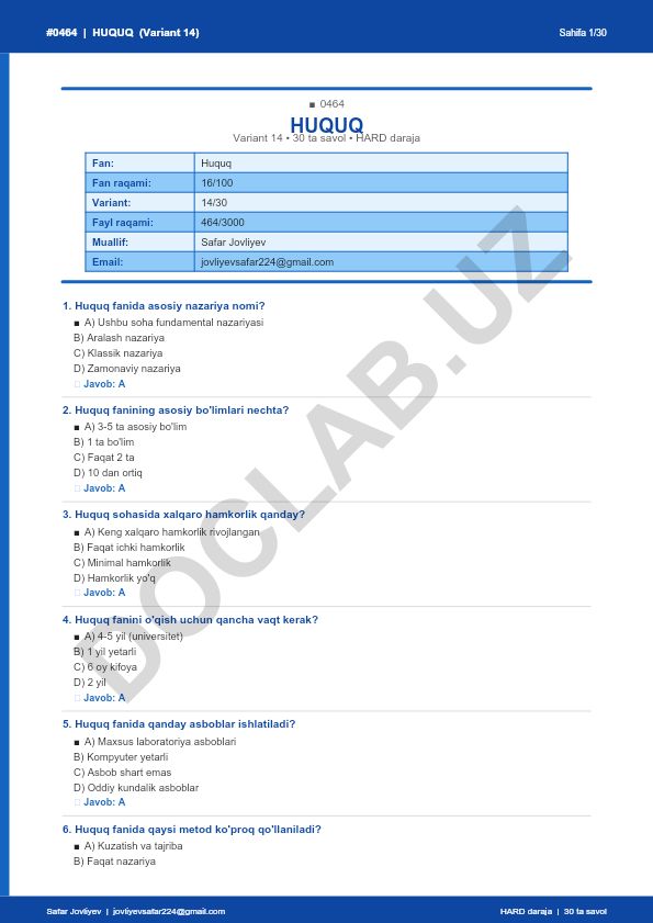 Huquq fanidan test savollari (Variant 14)