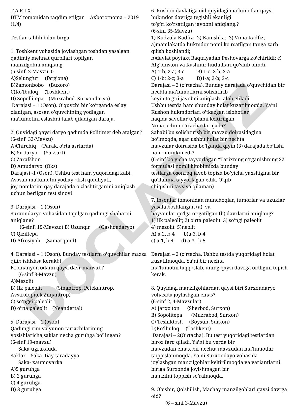 Tarix fanidan testlar tahlili bilan axborotnoma