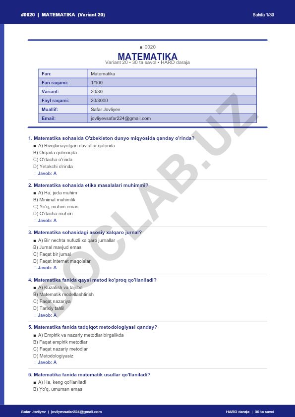 Matematika fanining O'zbekistondagi o'rni va metodologiyasi