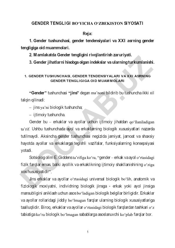 Gender tengligi bo'yicha O'zbekiston siyosati