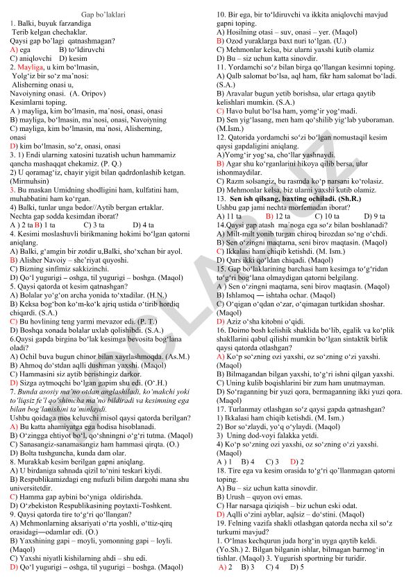 Ona tili grammatikasi test savollari