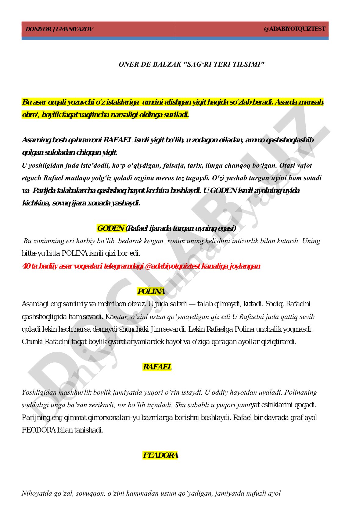 Onore de Balzakning "Sagʻri teri tilsimi" asari tahlili
