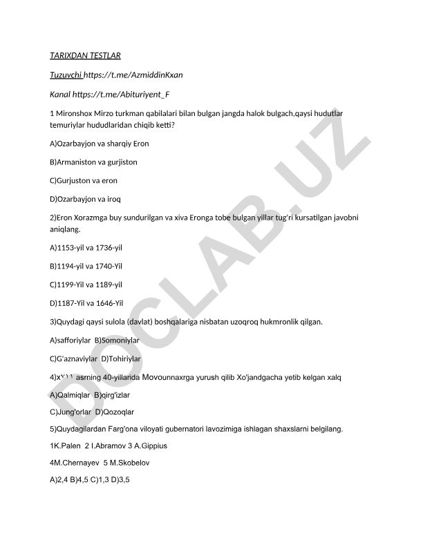 Tarix fanidan test savollari