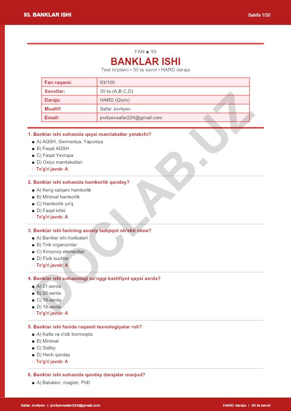 Banklar ishi fanidan test to'plami