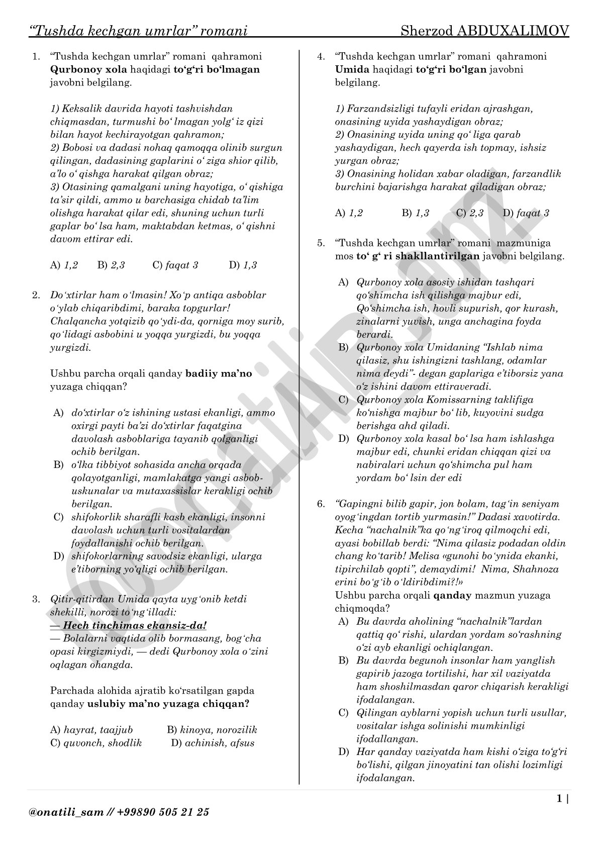 Tushda kechgan umrlar romani qahramoni Qurbonoy xola haqida test savollari