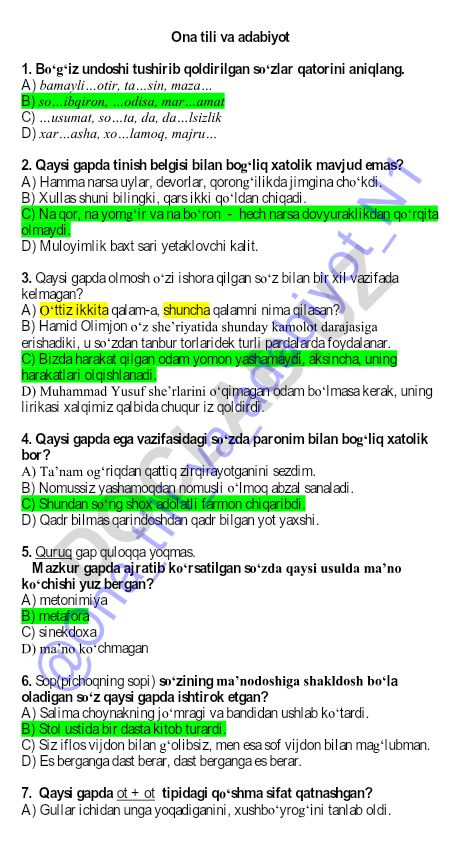 Ona tili va adabiyot fanidan test savollari