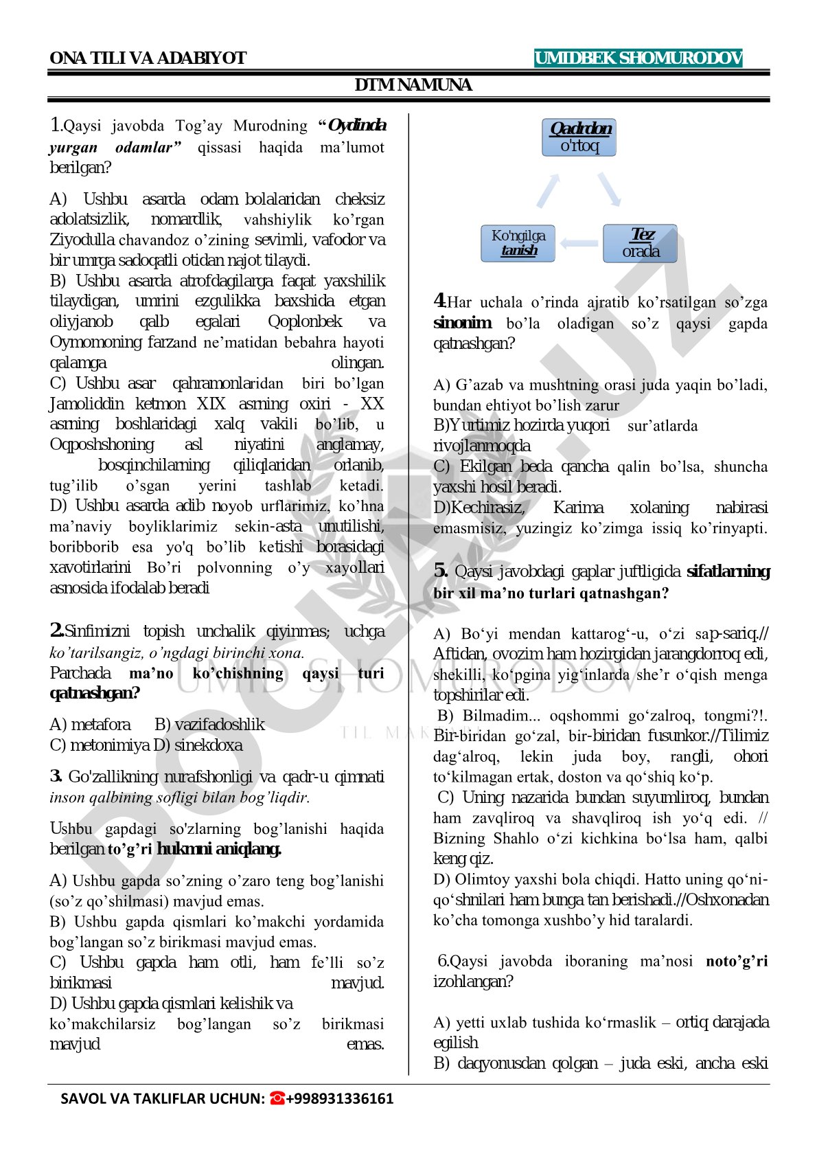 Ona tili va adabiyot fanidan test savollari