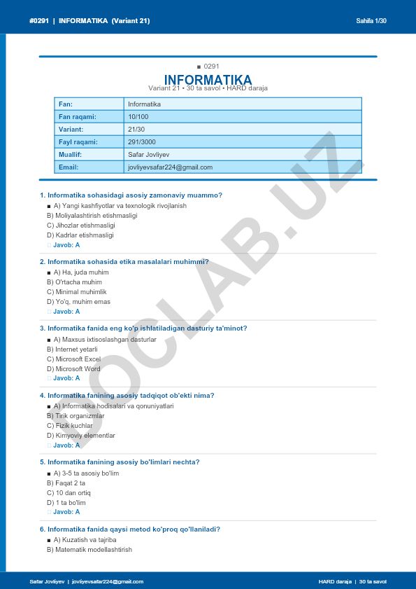 Informatika fanidan 30 ta savol (Variant 21)