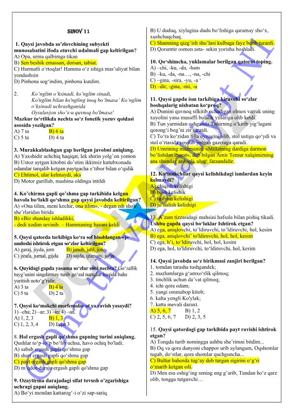 Ona tili fanidan test savollari