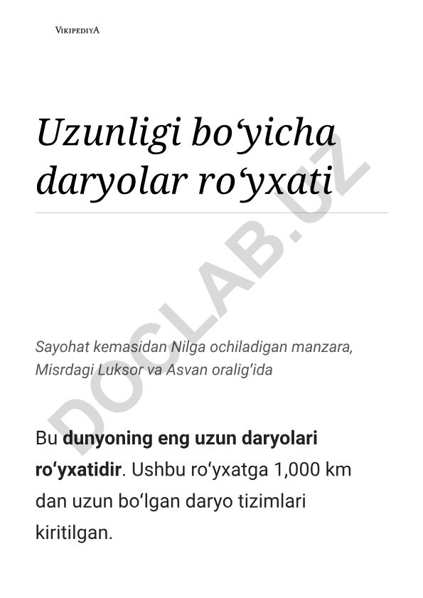 Dunyo uzun daryolari ro'yxati va ularning xususiyatlari