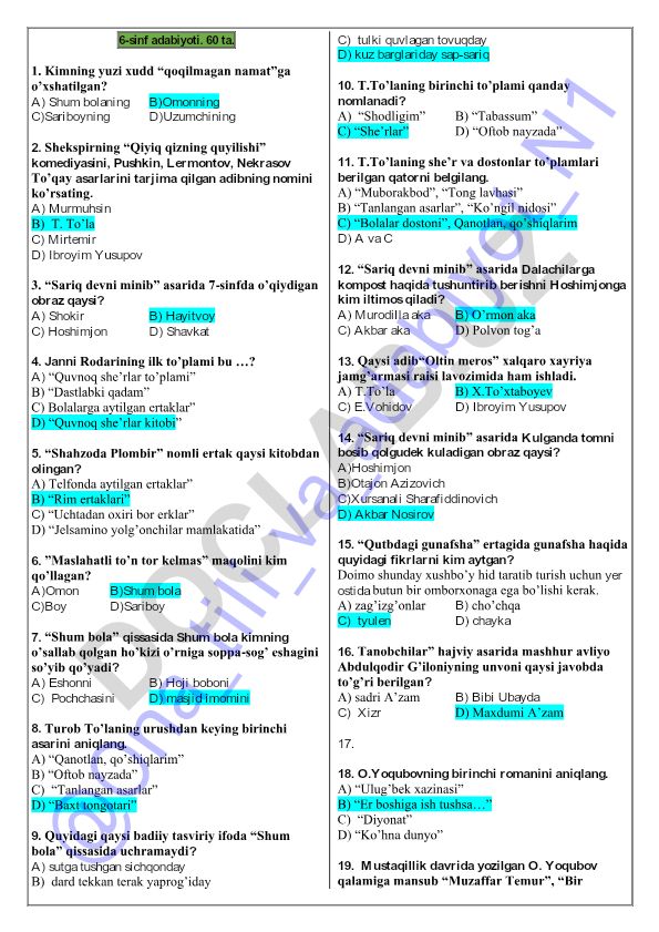 6-sinf adabiyoti test savollari