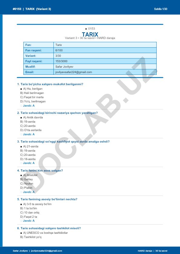 Tarix faniga oid test savollari (Variant 3)