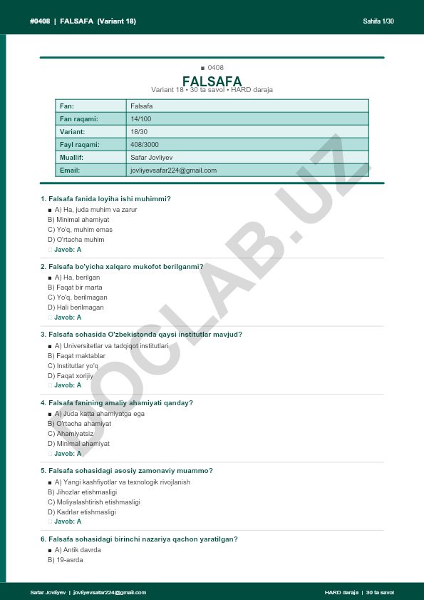 Falsafa fanidan test savollari (Variant 18)
