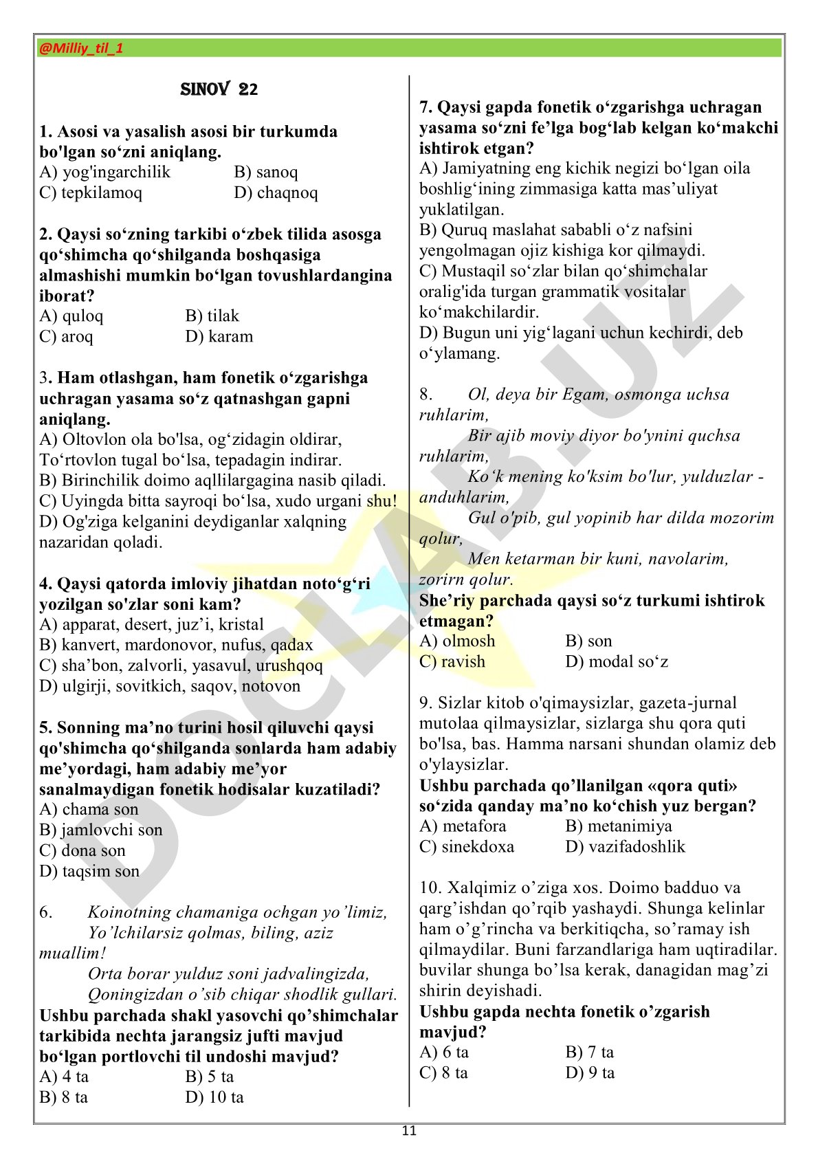 Ona tili test savollari