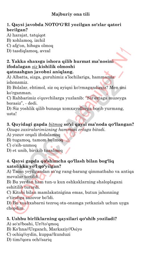 Majburiy ona tili test savollari va javoblari