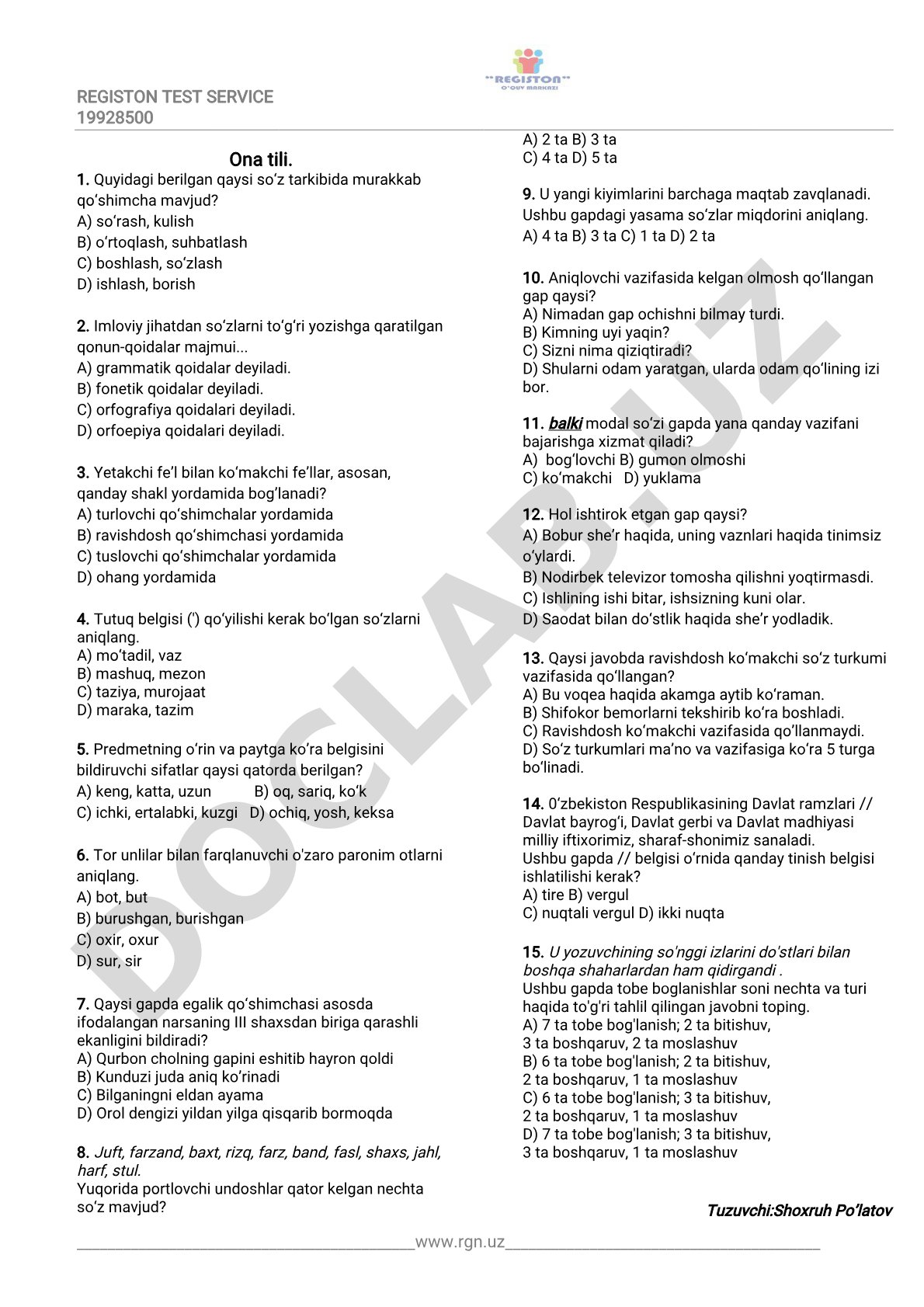 Ona tili test savollari