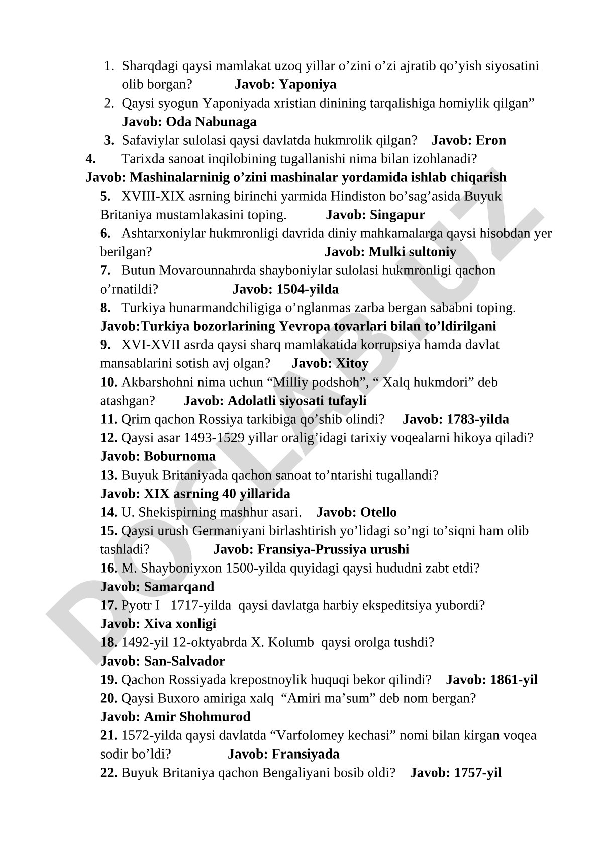 Sharq mamlakatlari tarixi bo'yicha savol-javoblar