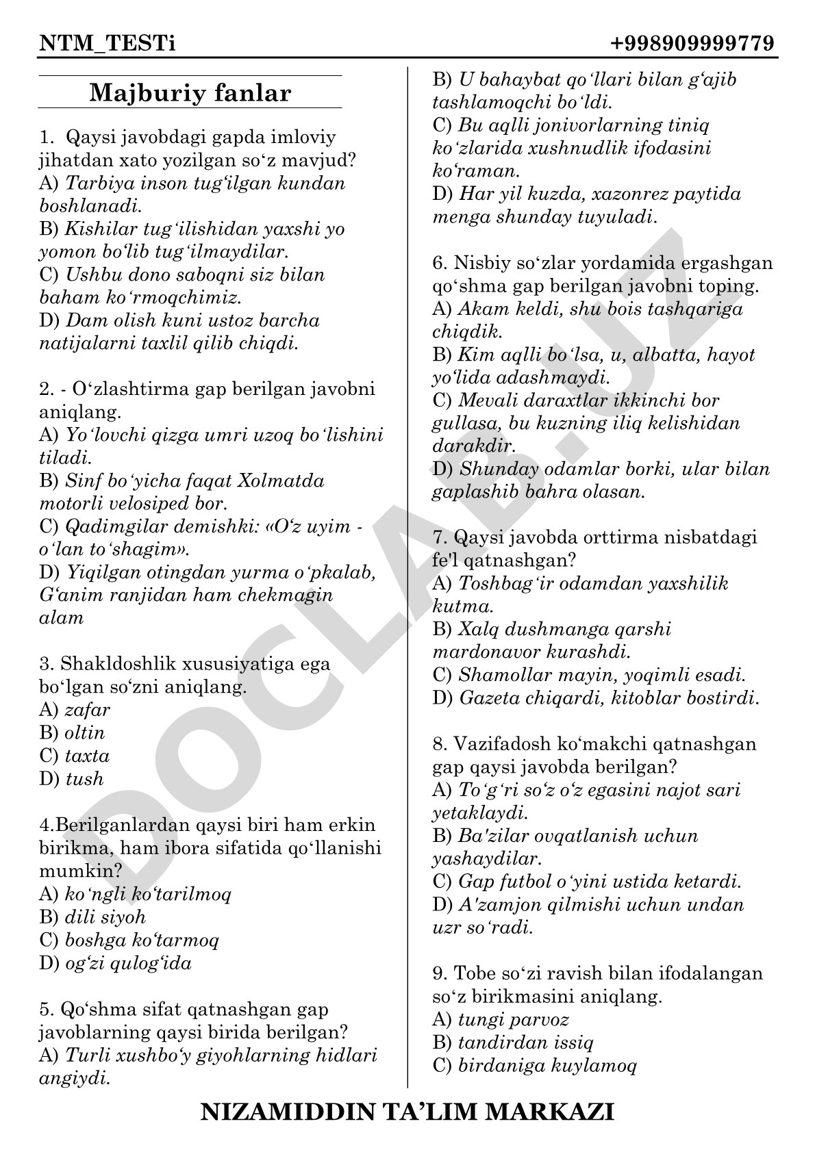 Imlo va grammatikaga oid test savollari