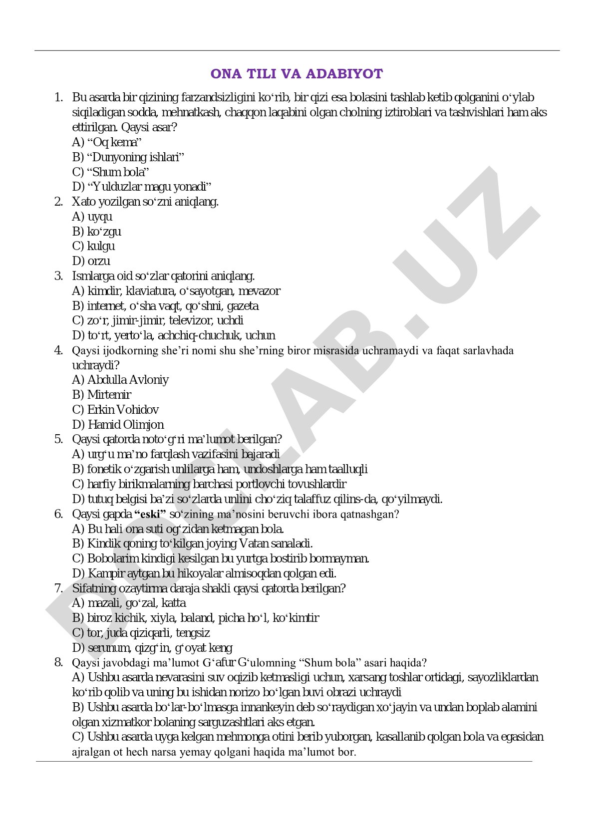 Ona tili va adabiyot test savollari