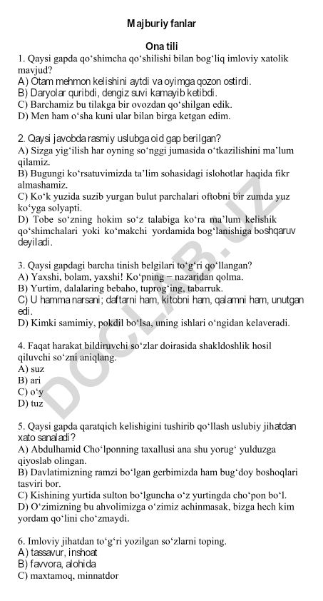 Ona tili fanidan test savollari