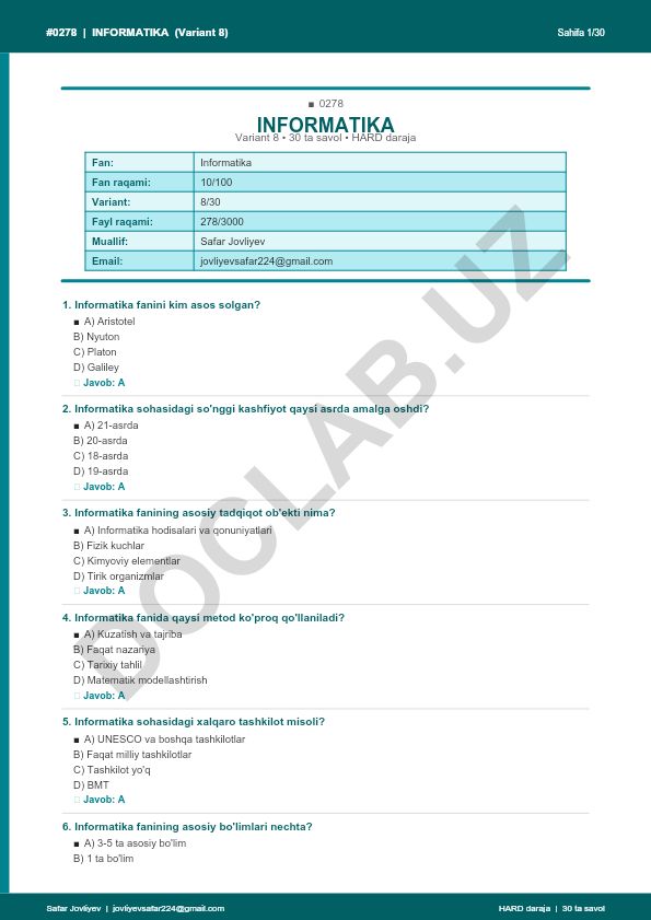 Informatika faniga oid test savollari (Variant 8)