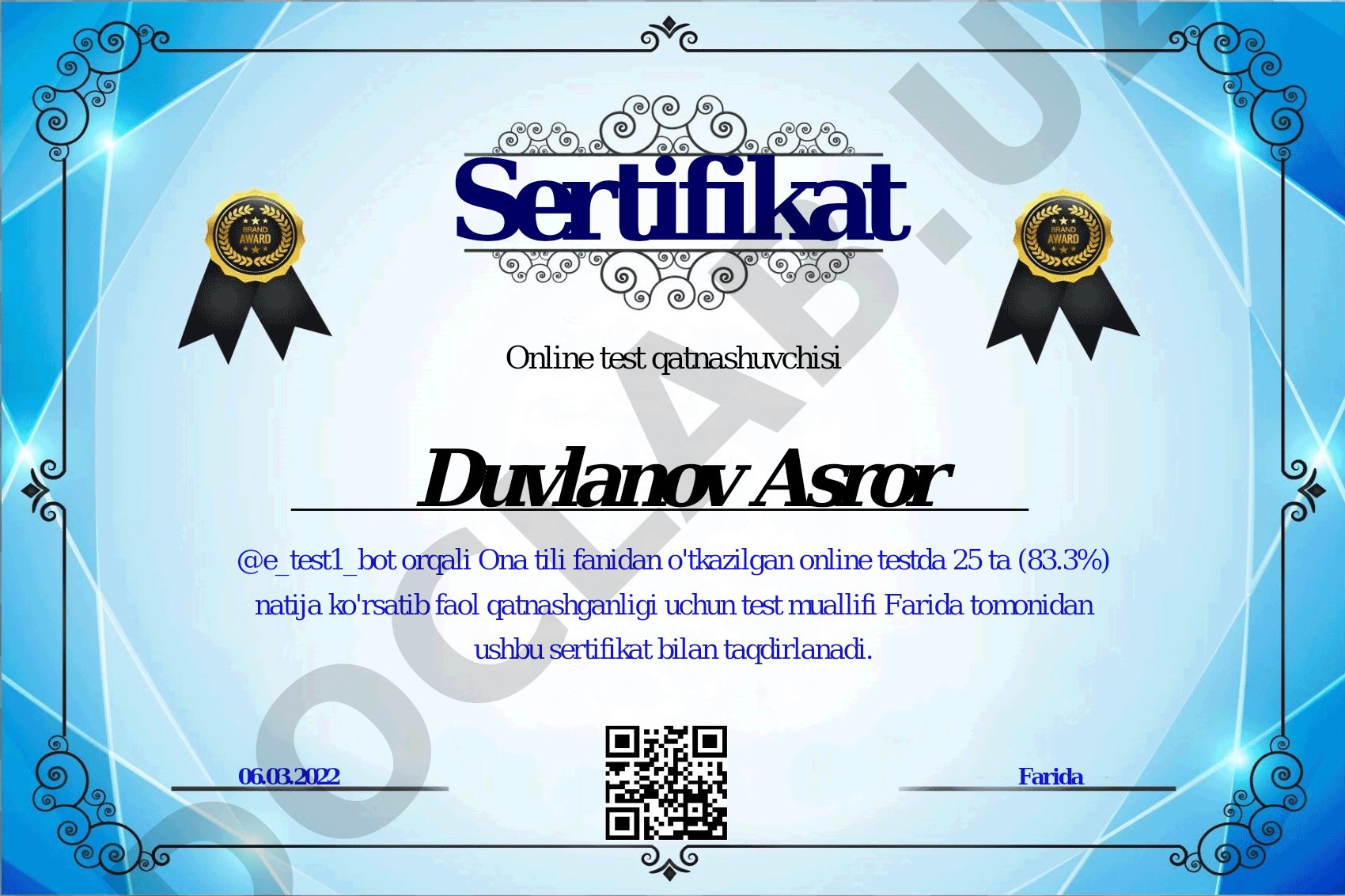 Ona tili fanidan online test sertifikati