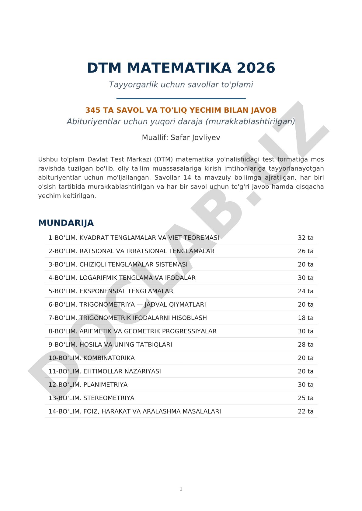 DTM Matematika 2026 tayyorgarlik uchun savollar to'plami