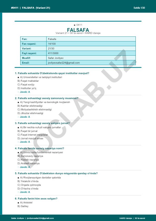 Falsafa fanidan test savollari va javoblari