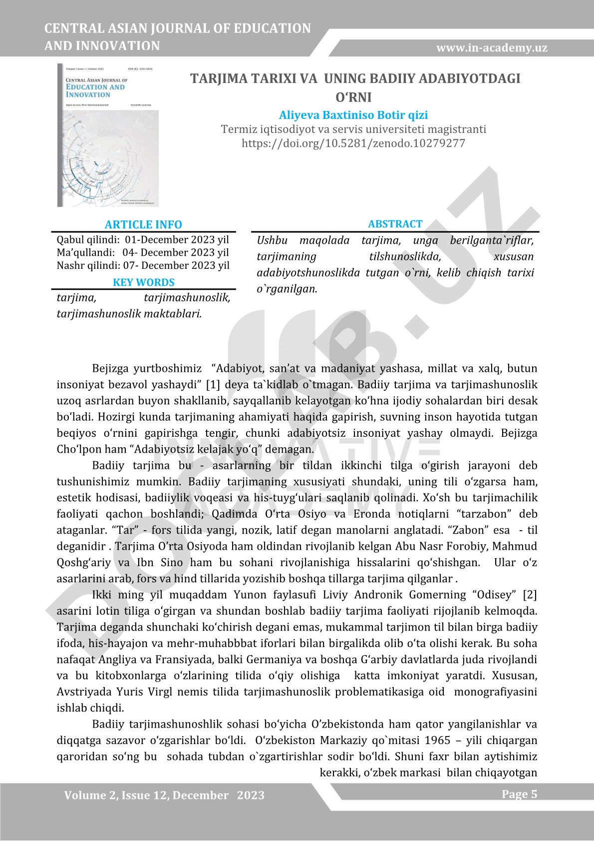 Tarjima tarixi va uning badiiy adabiyotdagi o'rni