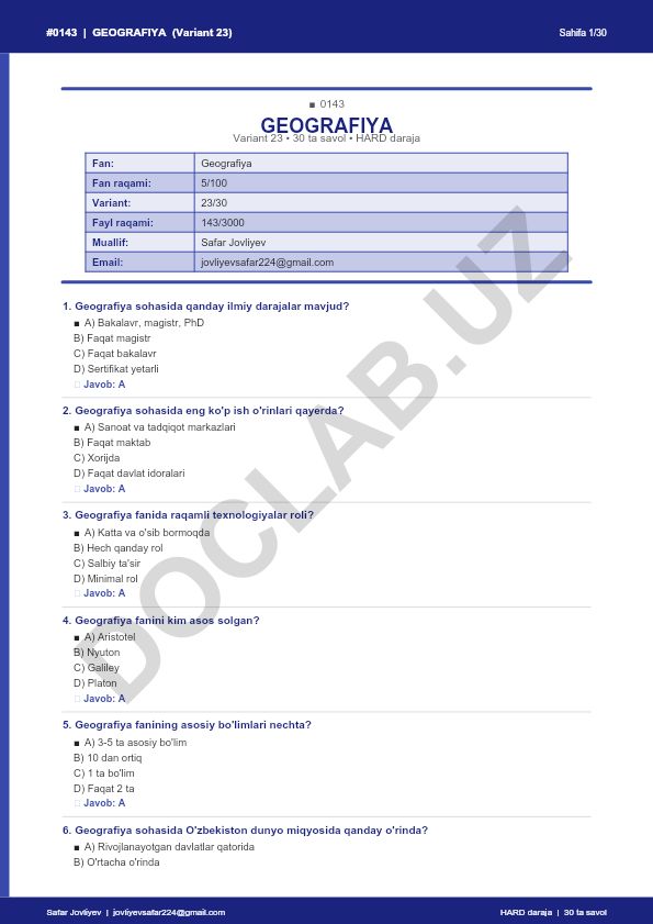 Geografiya faniga oid test savollari (Variant 23)