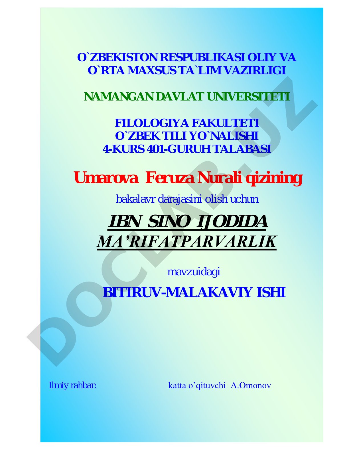 Ibn Sino ijodida ma’rifatparvarlik