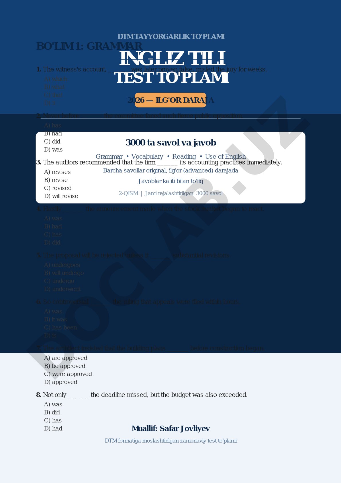 DTM tayyorgarlik to'plami ingliz tili test to'plami 2026 ilg'or daraja