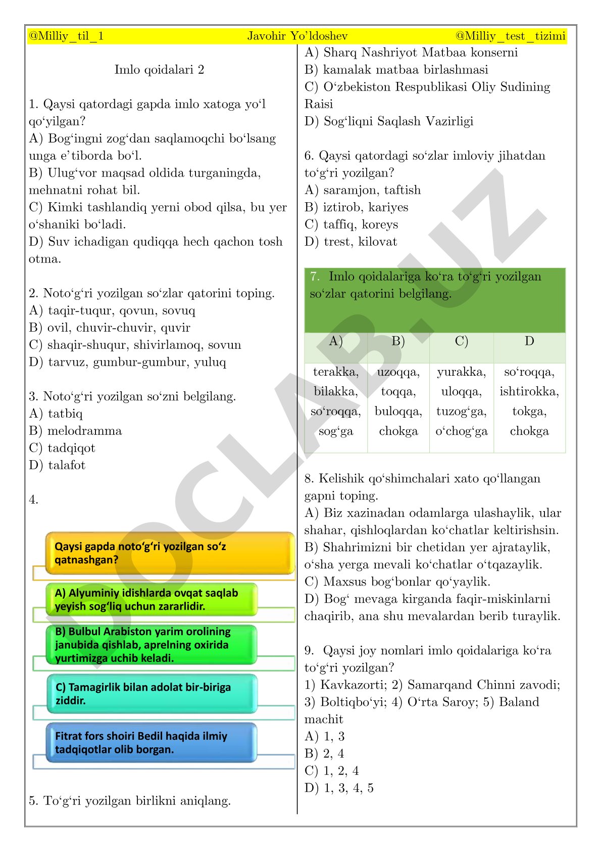 Imlo qoidalari test savollari