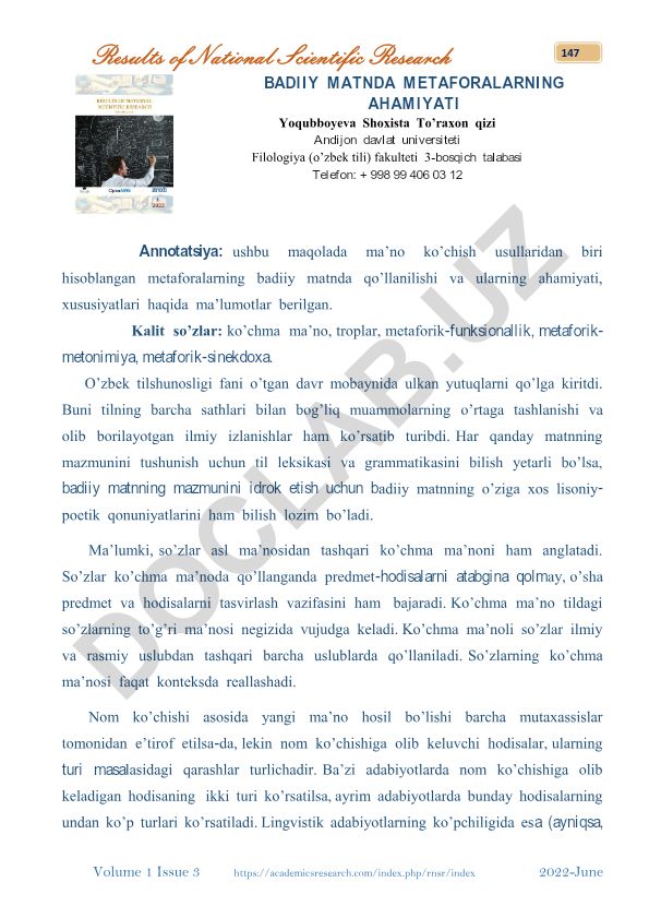 Metaforalarning badiiy matnda qo'llanilishi va ahamiyati
