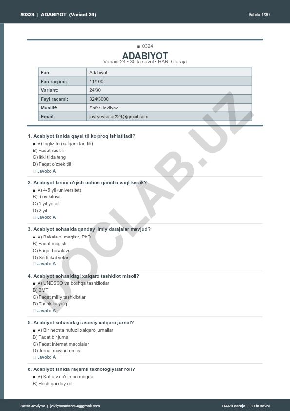 Adabiyot faniga oid test savollari (Variant 24)
