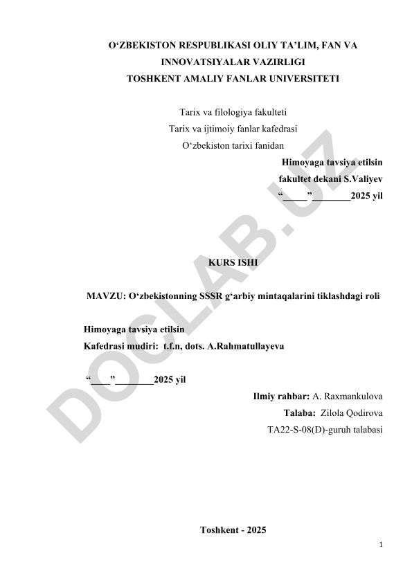O‘zbekistonning SSSR g‘arbiy mintaqalarini tiklashdagi roli