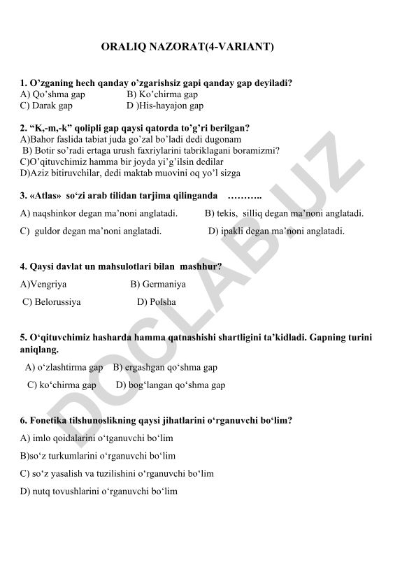 Ona tili va adabiyot fanidan test savollari
