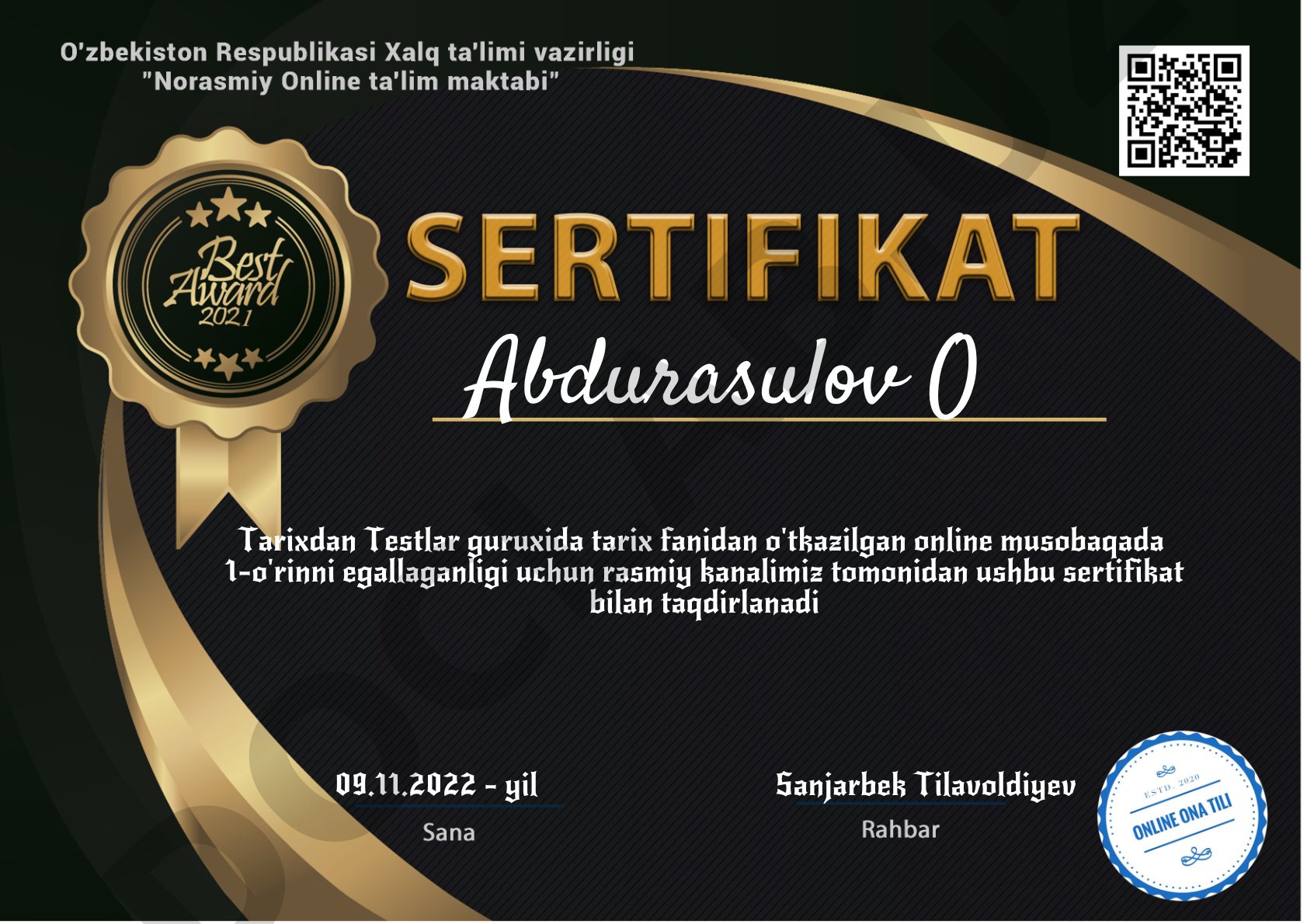 Tarix fanidan online musobaqada 1-o‘rin uchun sertifikat