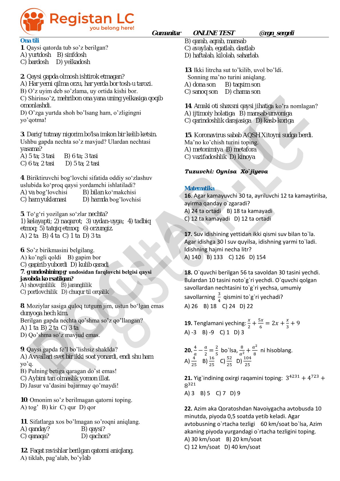 Ona tili test savollari