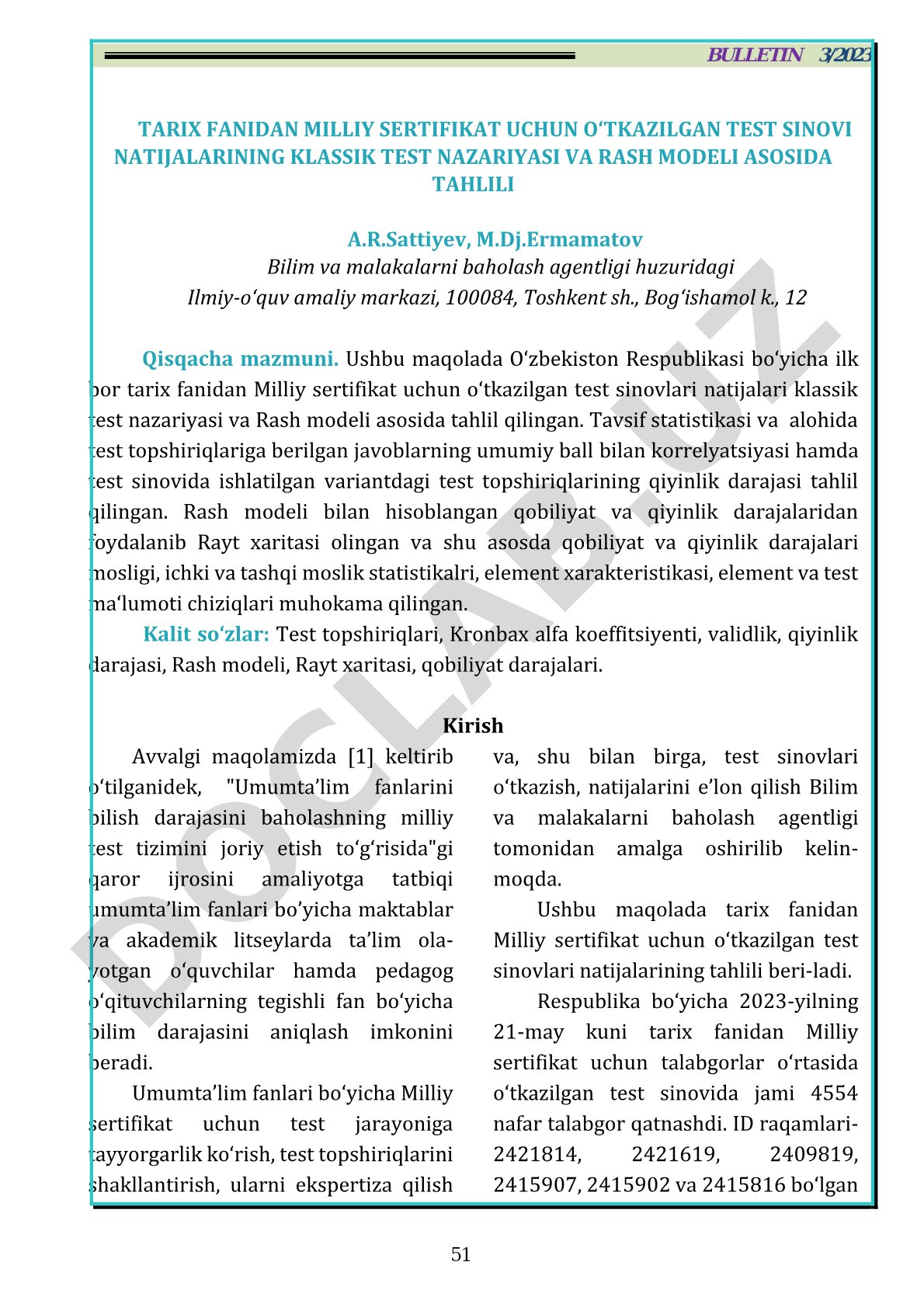 Tarix fanidan milliy sertifikat uchun test sinovi natijalarining klassik test nazariyasi va Rash modeli asosida tahlili