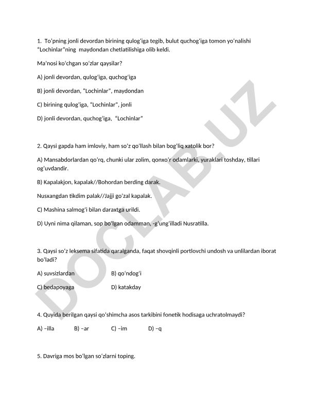 O'zbek tili test savollari va javoblari
