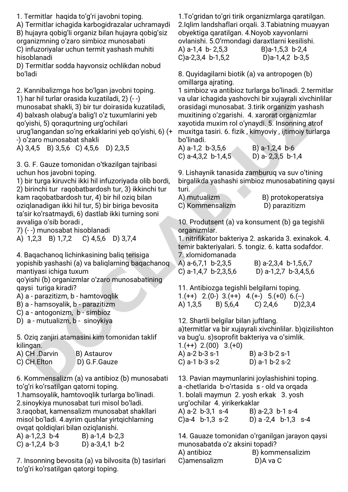 Termitlar va kannibalizm haqida test savollari