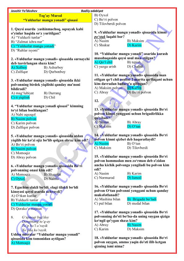 Tog'ay Murod "Yulduzlar mangu yonadi" qissasi test savollari